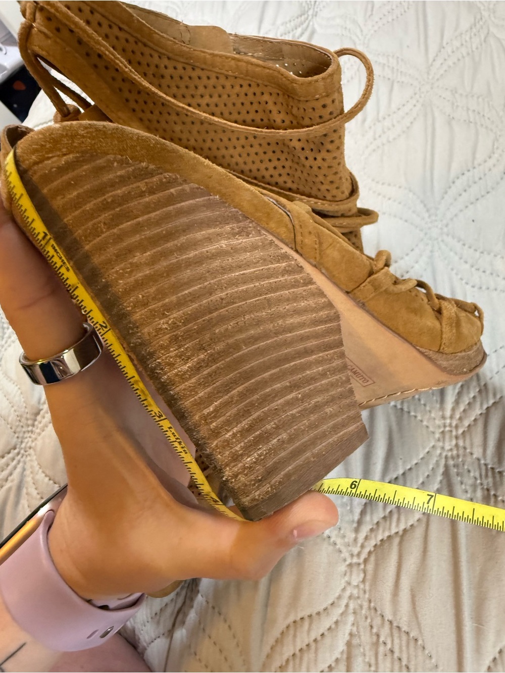 Vince Camuto Tan Perforated Suede Lace-Up Wedge Sandals - Picture 12 of 13